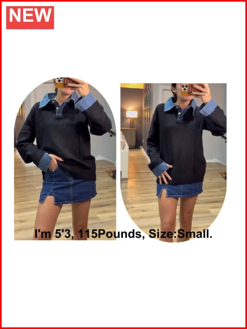 Oversized Knit Sweater Denim Polo Collared V-Neck Pullover